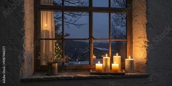 Fototapeta Evening Rituals A cozy night scene with a window view showcasing lit sshaped candles illuminating the dark and reflecting on the glass.
