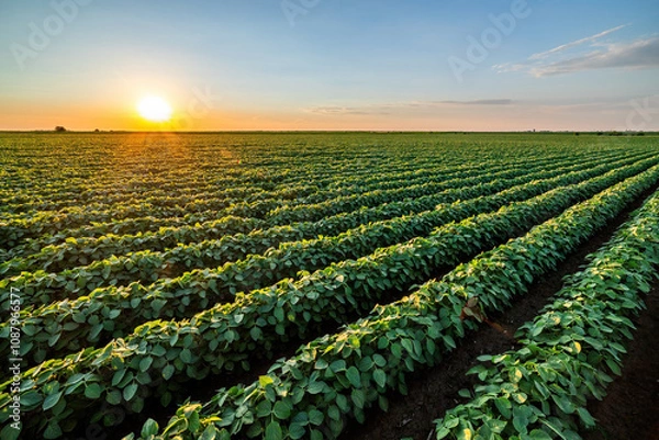 Fototapeta Golden sunset casting warm light over endless rows of soy crops in a rural farmland