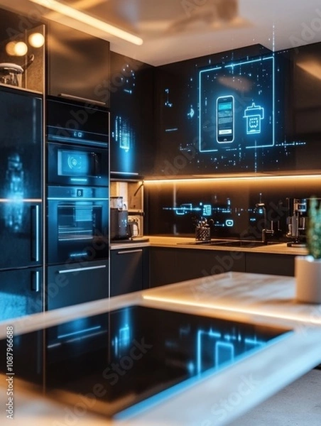 Fototapeta This contemporary kitchen showcases smart appliances integrated with advanced technology, highlighting a seamless cooking experience. Generative AI