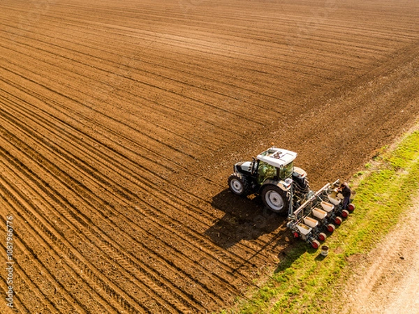 Fototapeta Tractor seeding in cultivated field, precision agriculture at its best