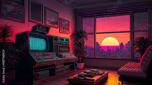 Fototapeta Vintage Room: Graphic Art in Retro Style, Colorful Illustration Background