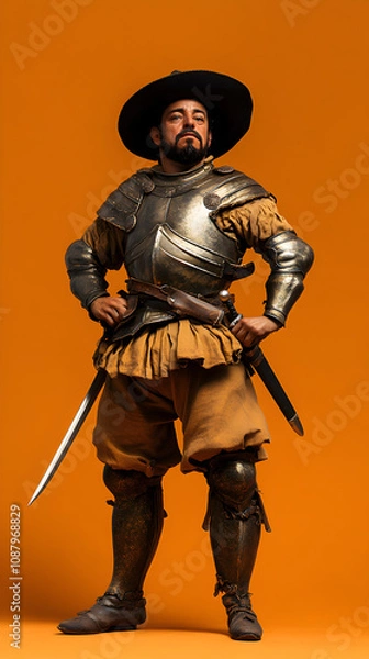 Fototapeta A Spanish conquistador in elaborate armor with a sword at his side, posed against a warm terracotta background. A conquistador prepared for adventure.



