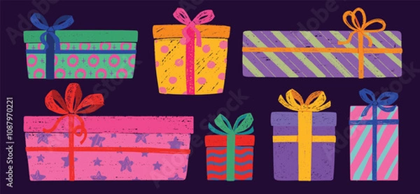 Fototapeta Set of grungy decorated Christmas gifts, New Year presents. Hand drawn colorful gift boxes with ribbon for festive events and celebrations
