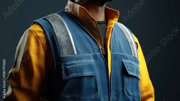 Obraz Close-up mockup of reflective safety vest on construction worker with blue and orange uniform