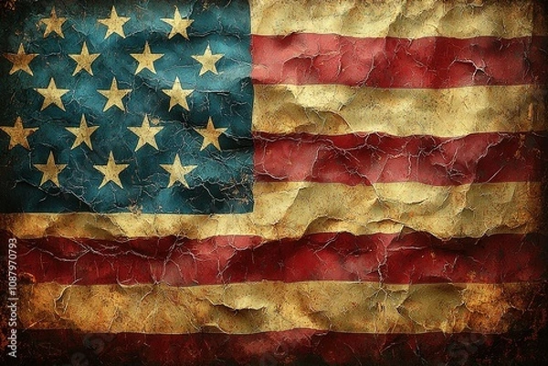 Obraz An American flag gently waving in the breeze with a background of a serene cemetery filled with rows of white gravestones adorned with small flags