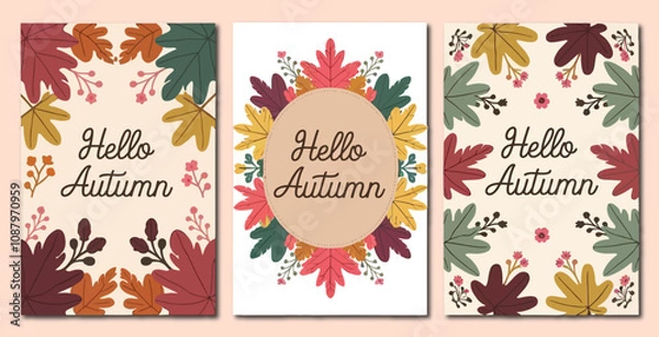 Fototapeta A lovely set of autumn cards with vibrant foliage for congratulations and design. Hello, Autumn. Vector illustration for printing holiday invitations.