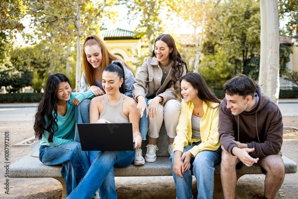 Fototapeta Medium shot of a group of 6 young people between 20 and 30 years old of different ethnicities sitting on a park bench using a laptop.Concept of online shopping, working from the street.