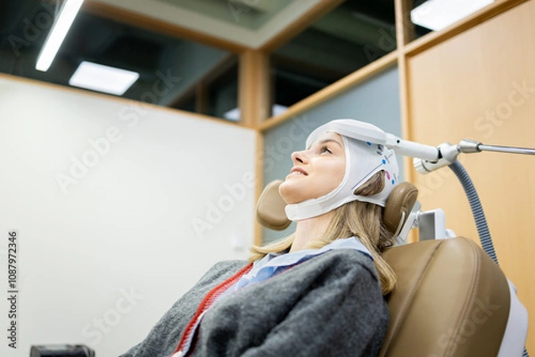 Fototapeta A Caucasian girl between 20 and 30 years old undergoes transcranial magnetic stimulation therapy at a psychiatric center to treat depression or anxiety.EMT concept.
