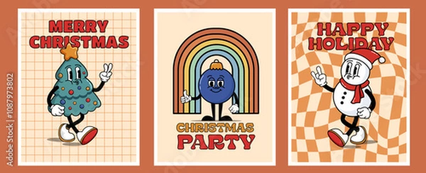 Fototapeta Set of cool retro cards with characters. Cool hippie Christmas.Cool and bright greeting card,Merry Christmas,Christmas party, happy holiday poster, print, party invitation, background.