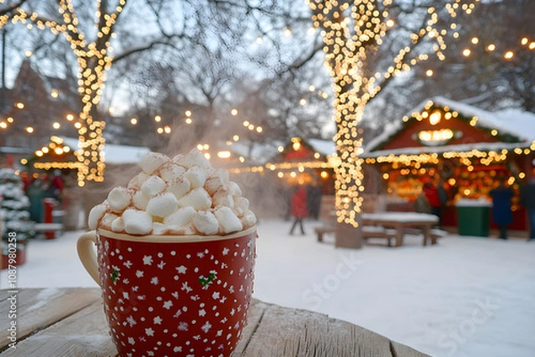 Fototapeta Cup of hot chocolate or mug of cocoa with small marshmallows against traditional winter christmas market. City street in fair atmosphere. New Year holidays and Xmas concept for banner, poster, card