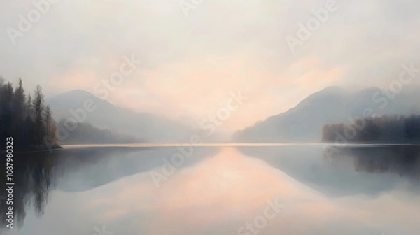Fototapeta Tranquil Reflection of Clouds and Mountains at Dawn in Transcendent Pink Hues