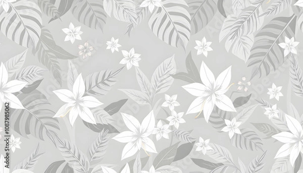 Fototapeta Grey gray white seamless pattern with tropical leaves and flowers , tile / wallpaper / textile wall texture background banner panorama, low-poly