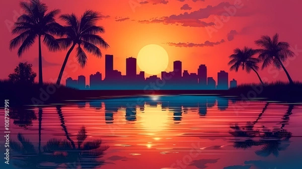 Fototapeta Painting of horizon with palmtrees silhouette, retro, miami vice style, reflections on water, city skyline buildings. Retro Synthwave Horizon. Illustration