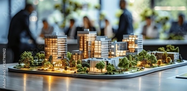 Fototapeta Modern city scale model on table with business team discussing project in office