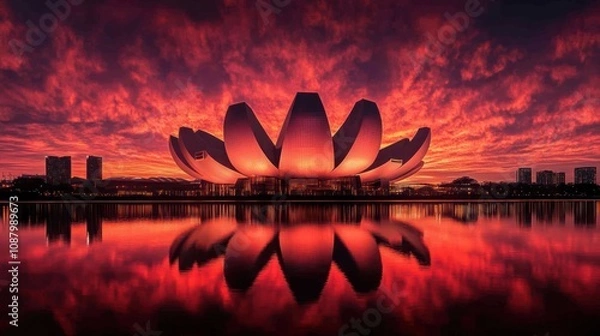 Fototapeta Stunning lotus-shaped building at sunset reflection.
