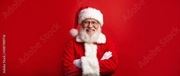 Fototapeta Cheerful Santa Claus in a red suit with a friendly smile, standing against a bright red backdrop, embodying the spirit of Christmas and holiday joy.

