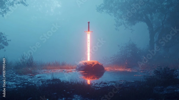 Fototapeta Glowing sword in stone surrounded by misty forest at night