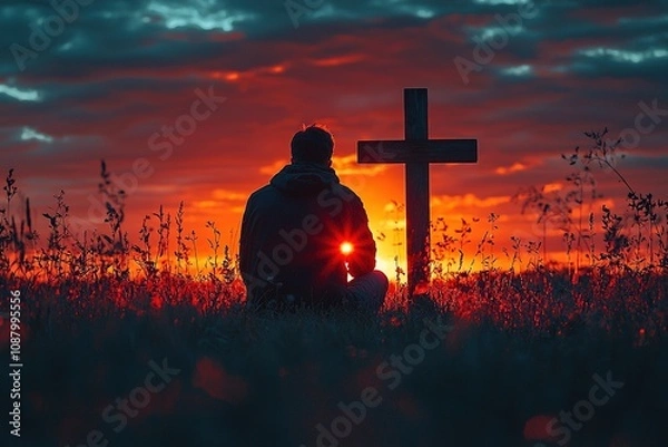 Obraz A man in silhouette, kneeling near a wooden cross at sunset, mourning the loss of a close friend