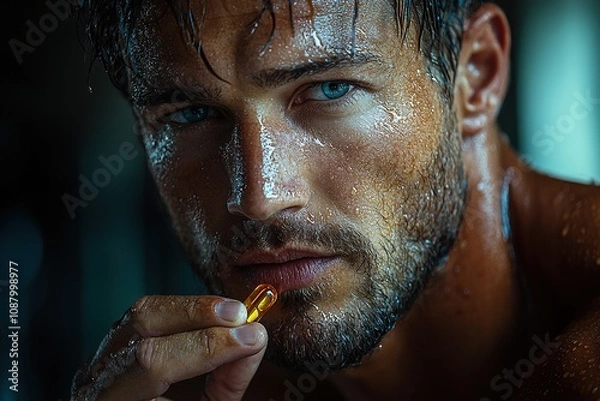 Obraz A man in athletic wear consuming a supplement capsule to enhance his physical performance