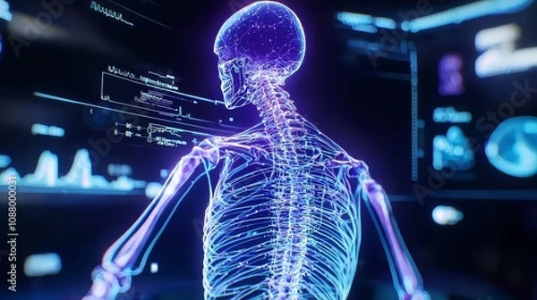 Obraz Human skeleton with medical interface, holographic diagnostics display