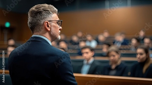 Obraz Education literacy collaboration concept. A man in formal attire addresses an audience in a courtroom setting, conveying authority and engagement in a legal discussion.