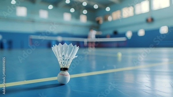 Fototapeta A close-up of a shuttlecock on a badminton court, with a blurred player in the background preparing for a game.