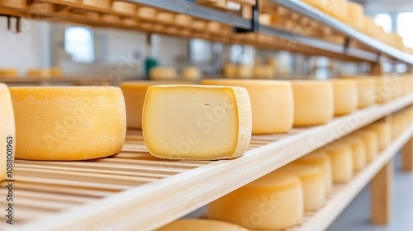 Obraz Cheese Wheels Aging on Racks in Factory