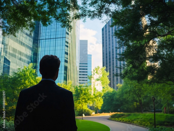 Fototapeta Homme d'affaire regardant une courbe devant des bâtiments d'entreprise au milieu d'un quartier vert, RSE en entreprise et investissement responsable