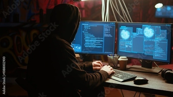 Fototapeta Hacker in underground bunker takes advantage of security breach after gaining unauthorized access to system. Rogue programmer hacking network to steal government data, zoom in close up shot