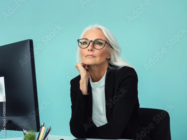 Fototapeta Portrait d'une femme âgée à lunettes de 50 à 60 ans habillée en tailleur chemise comme une working girl au bureau devant un ordinateur portable, sur fond de couleur bleue