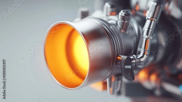 Fototapeta A close-up of a metallic engine component with an illuminated exhaust outlet.