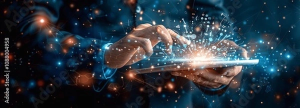 Fototapeta Businessman with Tablet Showing AI Data Tree, Global Network, Digital Marketing, Online Business, Technology Implementation