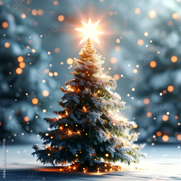 Fototapeta A simple, elegant Christmas tree, stars, and snowflakes on a white background