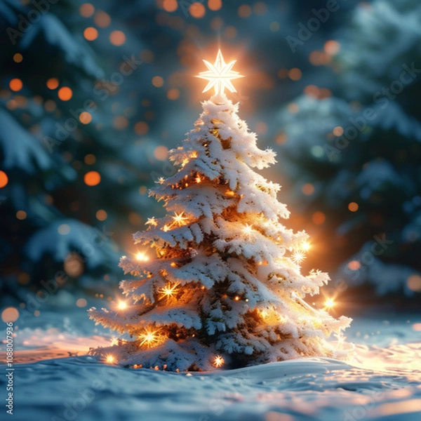 Fototapeta A simple, elegant Christmas tree, stars, and snowflakes on a white background