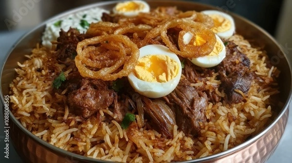 Fototapeta Delicious and Aromatic Rice Dish with Tender Meat, Egg Halves, and Crispy Onion Garnish Served in a Bowl for a Perfect Meal Experience