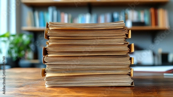 Fototapeta cluttered desk stacked with folders and documents awaiting review, symbolizing workload, organization, and administrative duties in a busy office environment under pressure