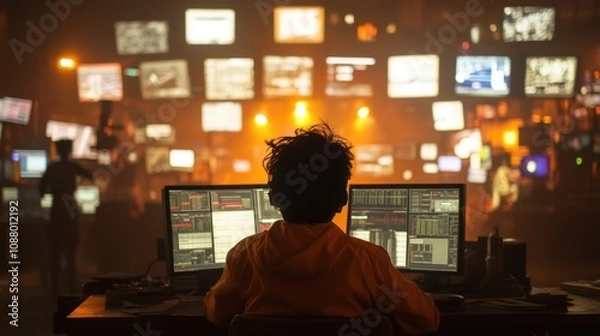 Obraz Trader Monitoring Multiple Screens in Neon Glow Setting