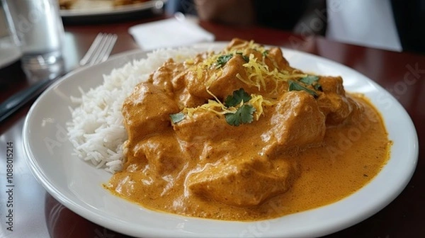 Fototapeta Creamy Chicken Curry Served with Steamed Basmati Rice in a Bowl Garnished with Fresh Herbs and Spices for a Flavorful Dining Experience