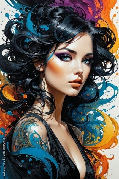 Fototapeta Eye catching portrait of a woman with vivid blue eyes and colorful locks, surrounded by abstract splashes, suitable for contemporary art and beauty markets.