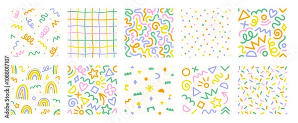 Obraz Set of retro 80s, 90s colorful vector seamless patterns. Doodle fun kid backgrounds. Childish cute hand drawn design useful for fabric, textile, cover, banner, label, print, wrapping, wallpaper.	