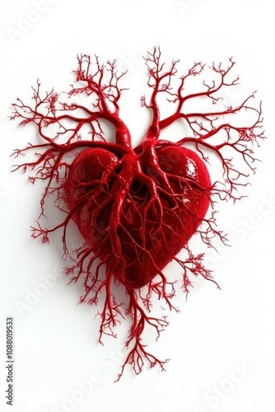 Fototapeta A stylized heart depicted with intricate tree-like branches in vibrant red, symbolizing life and connection.