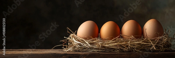Fototapeta  Fresh farm eggs in a straw nest on rustic wooden table