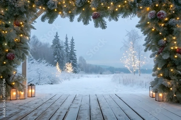 Fototapeta Empty Wooden Flooring with Fir Branches