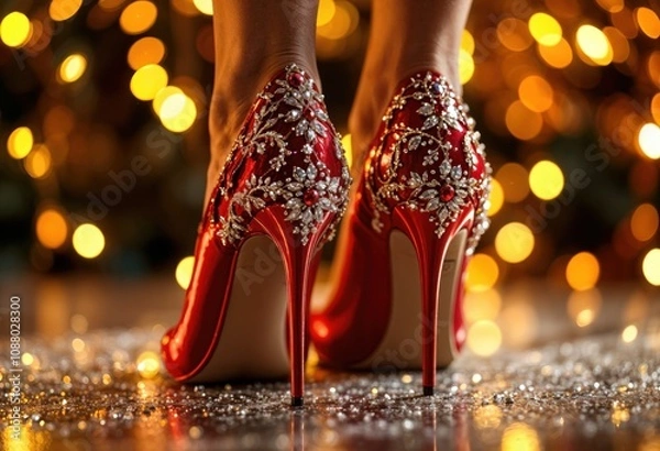 Obraz Elegant Red Heels with Sparkling Gemstone Embellishments – Glamorous Close-Up of Festive High Heels on Glittery Floor with Golden Bokeh Lights, Perfect for Holiday Fashion Inspiration