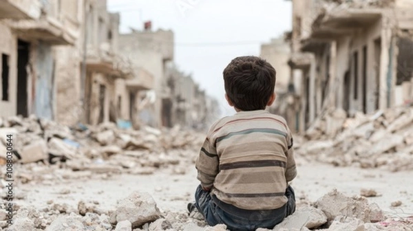 Fototapeta A young child sits alone among the debris of destroyed buildings, contemplating the aftermath of war and the impact on childhood