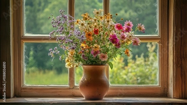 Fototapeta Bouquet of wild flowers in a vase on the window of an old country house, summer cottage. 
