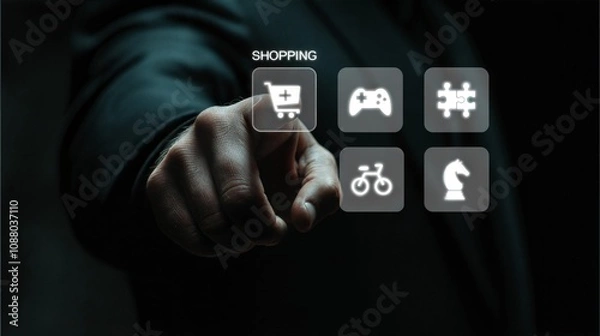 Fototapeta Hand Pointing at Online Shopping and Leisure Activities Icons on a Touchscreen