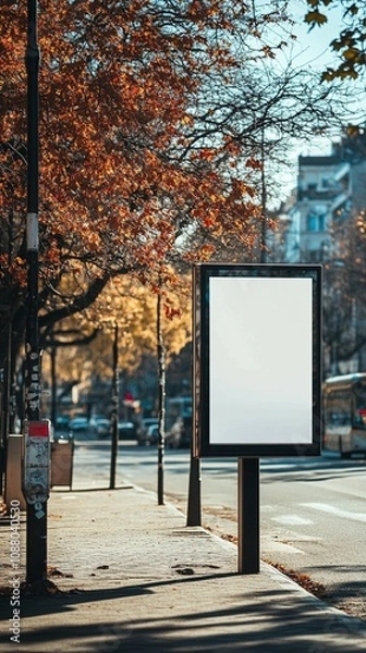Fototapeta Autumn-themed bus stop mockup featuring colorful leaves and a cozy atmosphere.