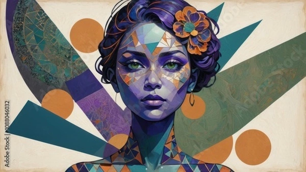 Obraz Geometric portrait of a woman with vibrant colors and floral accents