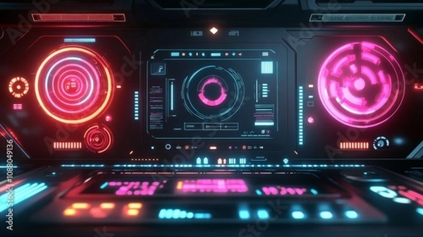 Fototapeta A high-tech AI interface with personalized suggestions for a user daily activities, glowing holographic panels with different colors.